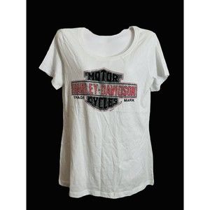 Harley Davidson Sz Medium 2019 White Crystal Bedazzled Graphic Tee Shirt Womens